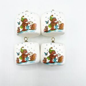 Pyramid Satin Sheen Christmas Ornaments Elf Print White Set of 4 2" Vintage